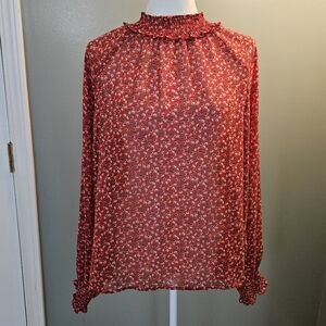GAP Floral Red Women's Size Large L Sheer Long-Sleeved High Neck Top